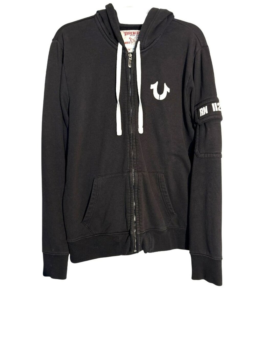 True Religion Men's Black Zip-Up Hoodie With Logo & Graphic Design XL